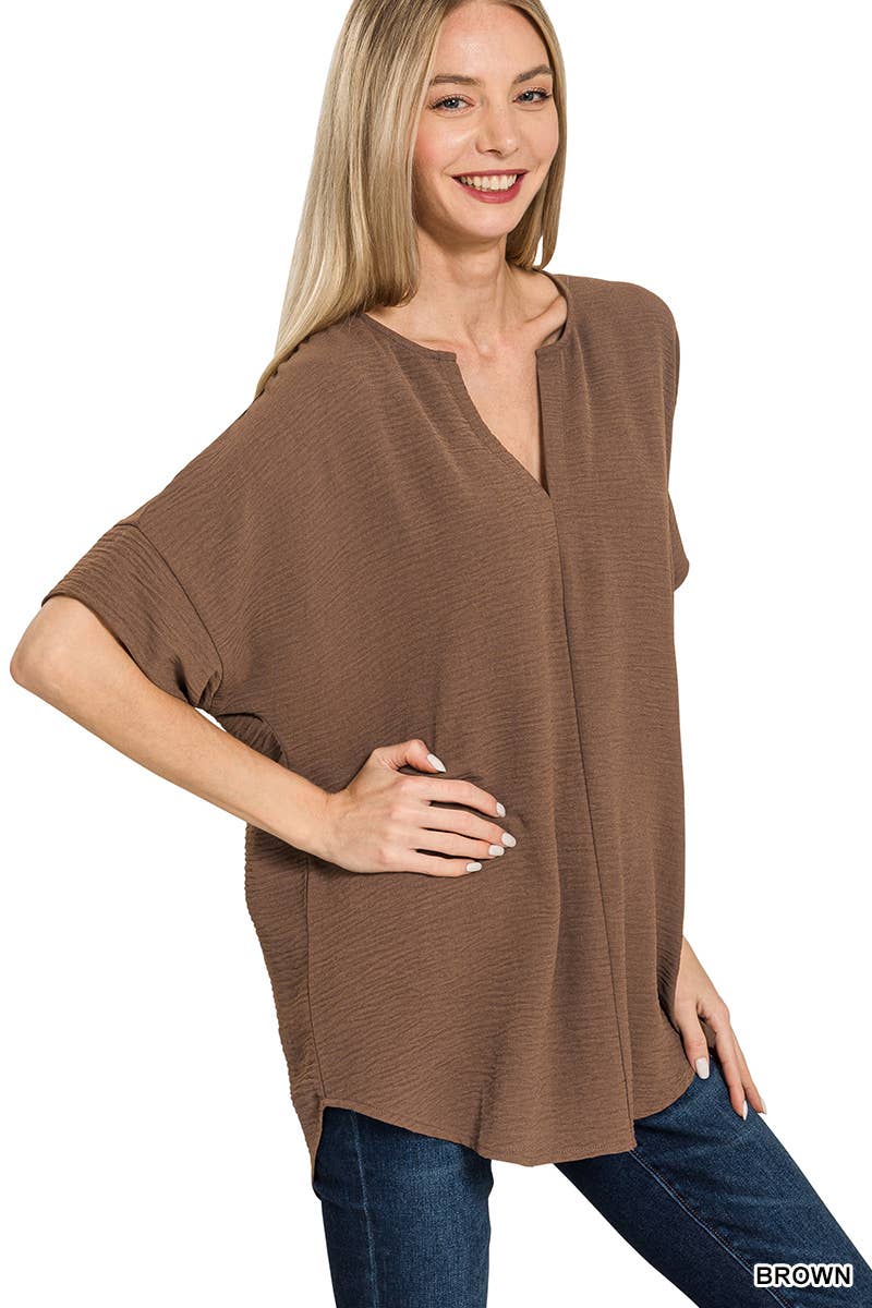 42POPS - 0813 Woven Airflow Split Neck Short Sleeve Top SI-23872 Zenana