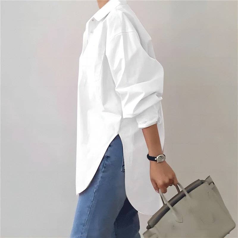 Lapel Split Hem Long Sleeve Shirt in Solid Color