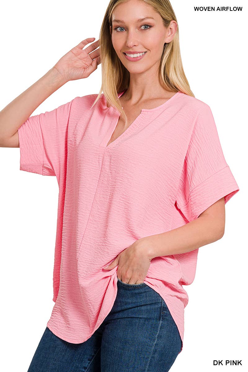 42POPS - 0813 Woven Airflow Split Neck Short Sleeve Top SI-23872 Zenana