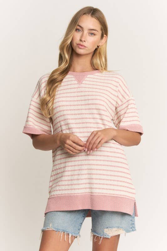 HEIMISH - ET8055-10  CREW NECK JACQUARD STRIPE KNIT TOP