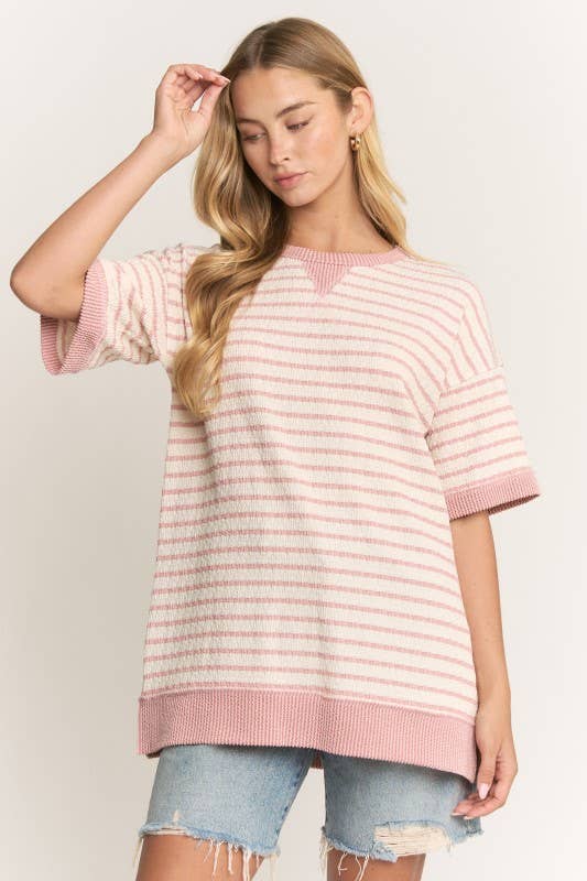 HEIMISH - ET8055-10  CREW NECK JACQUARD STRIPE KNIT TOP