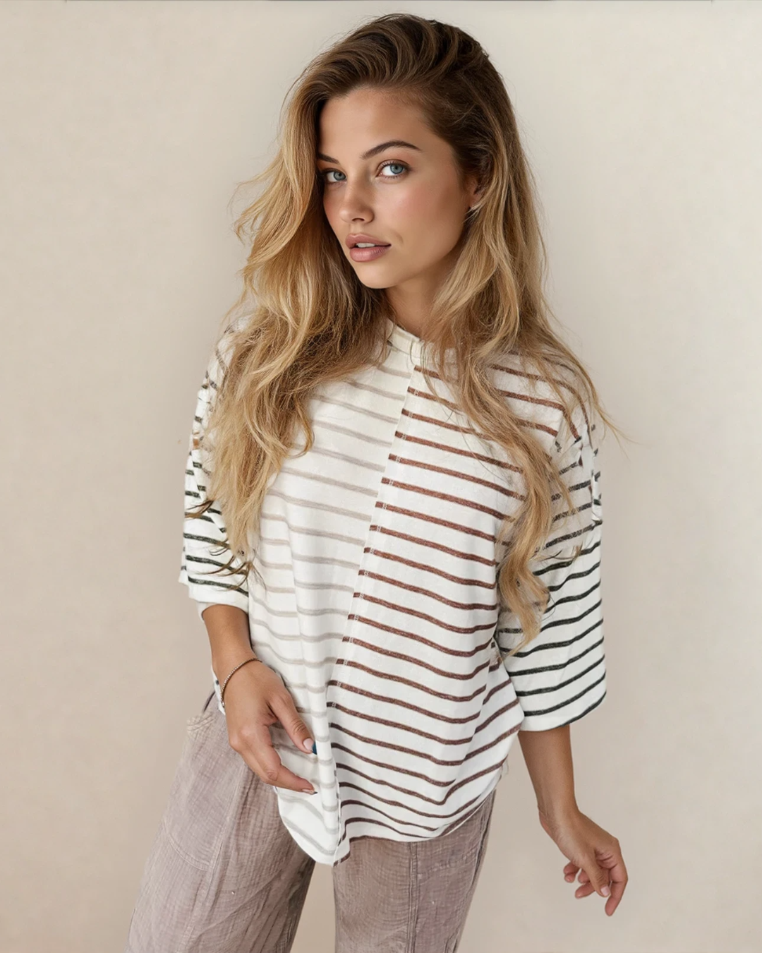 Indie & Co. | Women's Apparel - Danna Stripe Tee-Khaki | Colorblock Tee | 3/4 Sleeve Tee