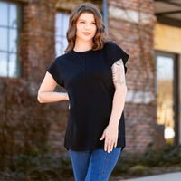 Solid Waffle Knit Half Sleeve Top with Slits