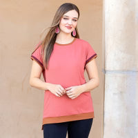 Round Neckline Ribbed Fabric Half Sleeve Top