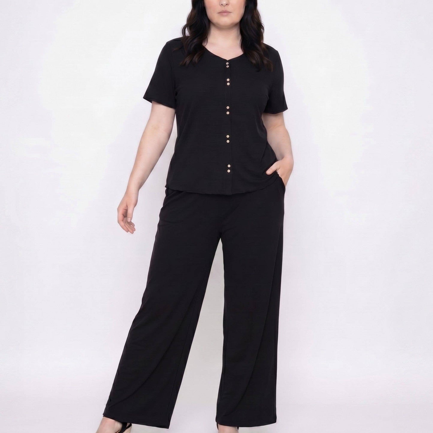 Anna Kaci Wholesale - Plus Size 2-Piece Short Sleeve Button Front Pajama Top and Wide Leg Pants Sleepwear Lounge Set