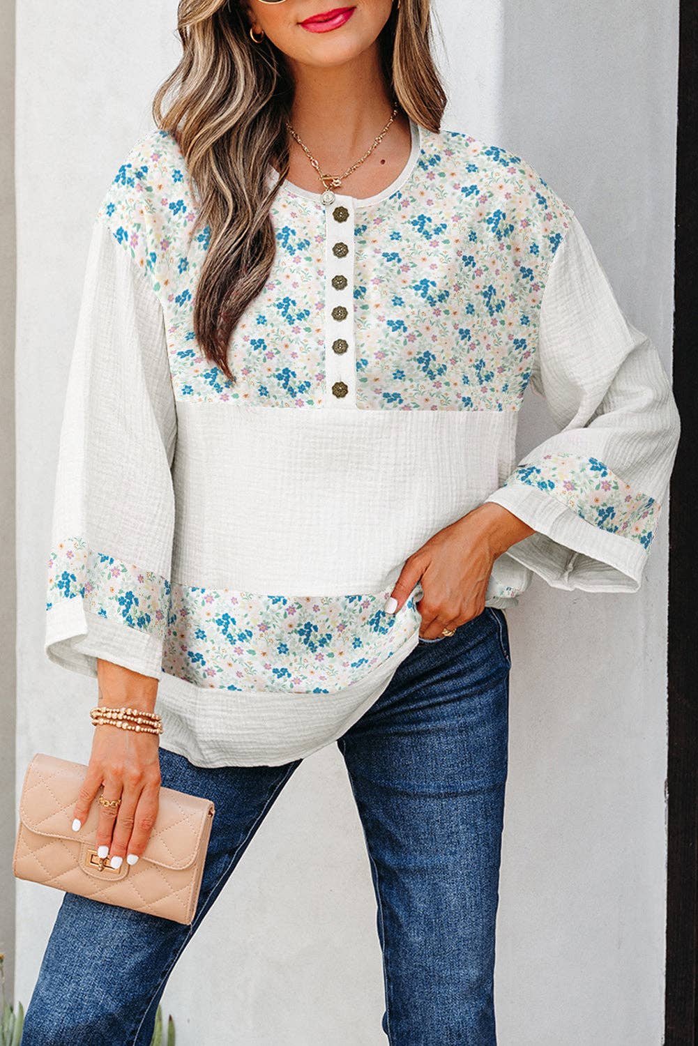 PRETTY BASH - Floral Gauze Patchwork 3/4 Sleeve Blouse