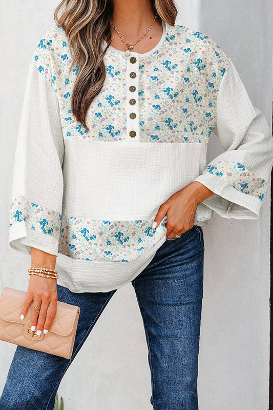 PRETTY BASH - Floral Gauze Patchwork 3/4 Sleeve Blouse