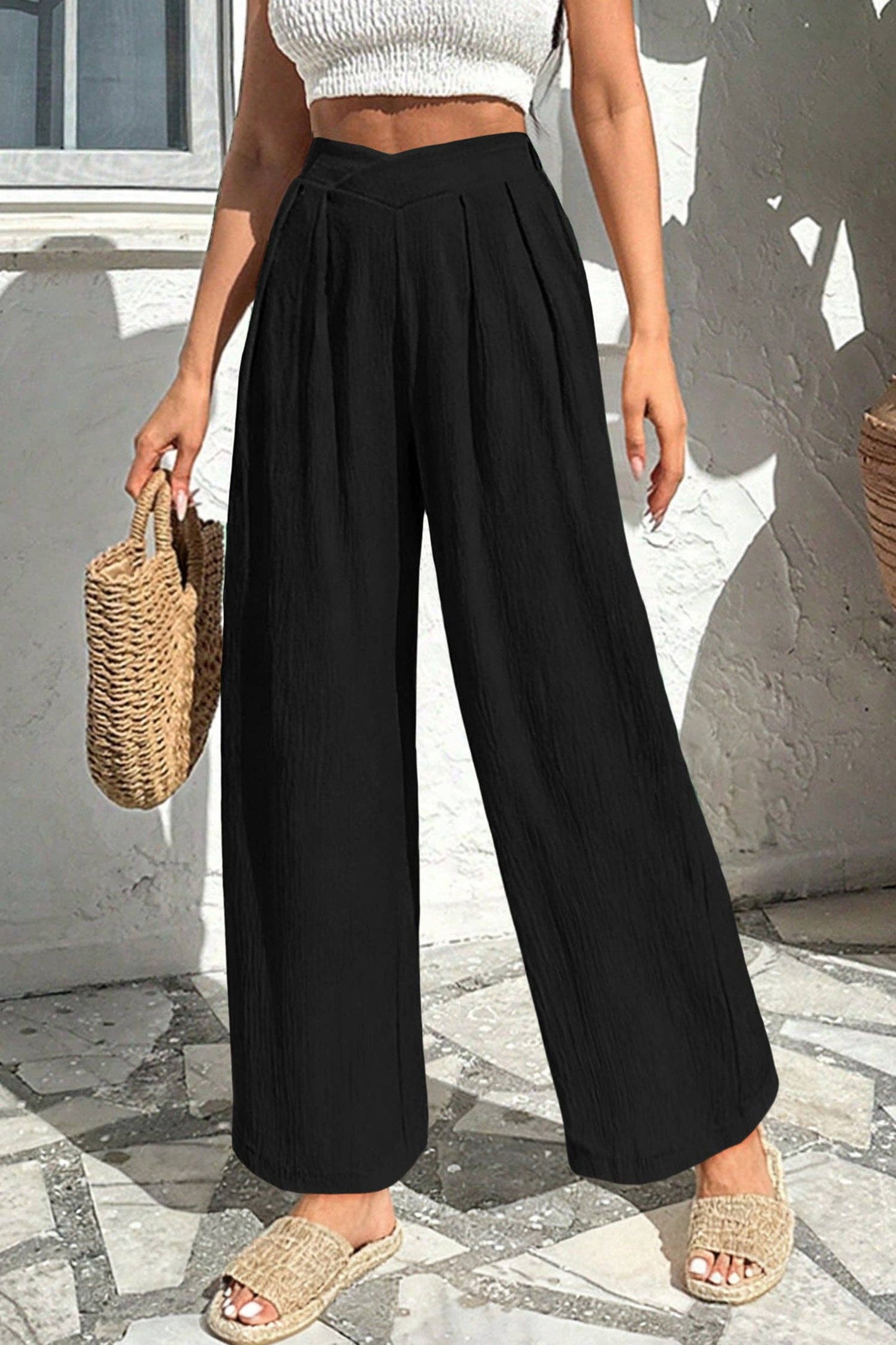 Lovesoft - Solid Color Textured Crossed Waist Loose Pants