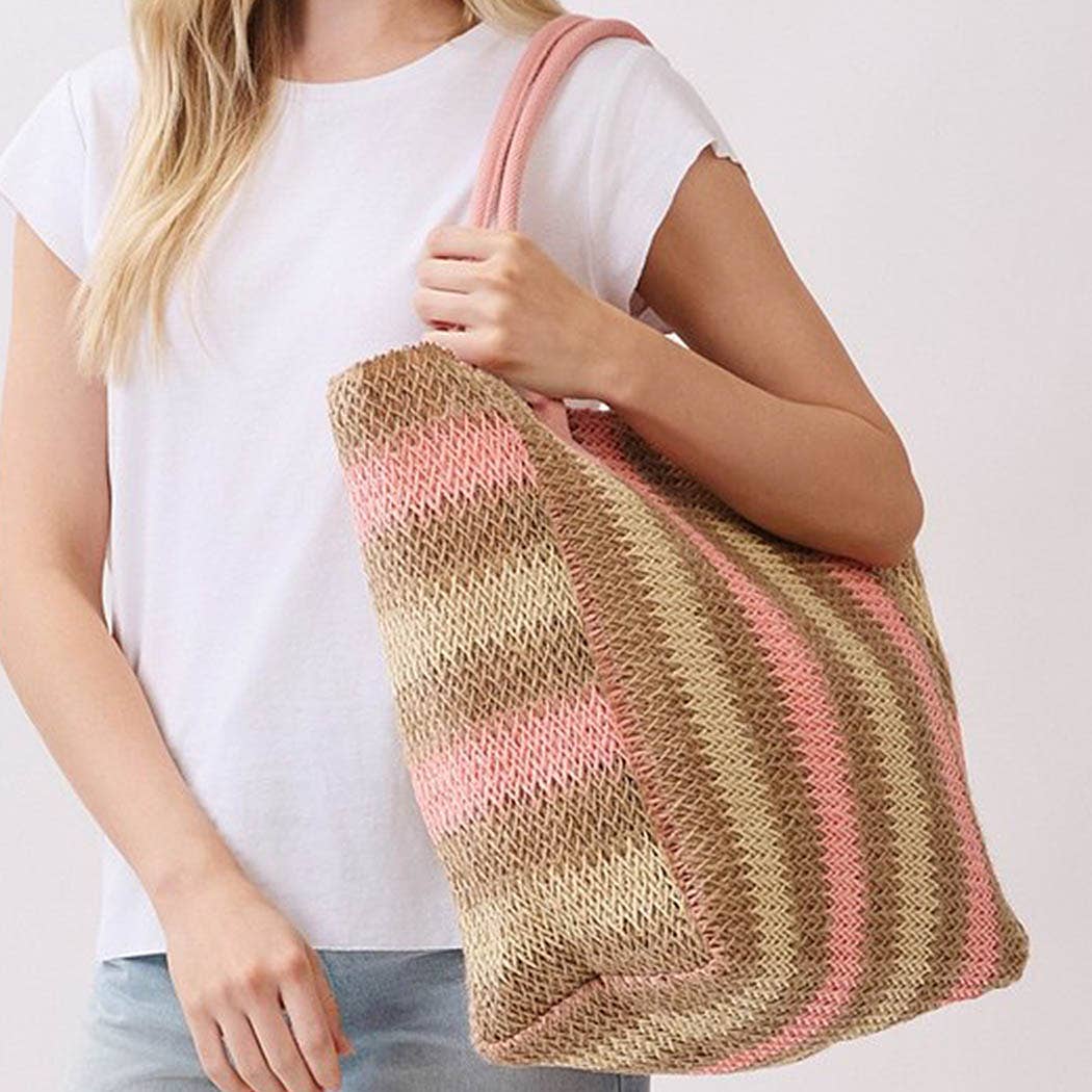 3AM BY H&D ACCESSORIES - Natural Brown Multi Color Stripe Straw Tote Bag