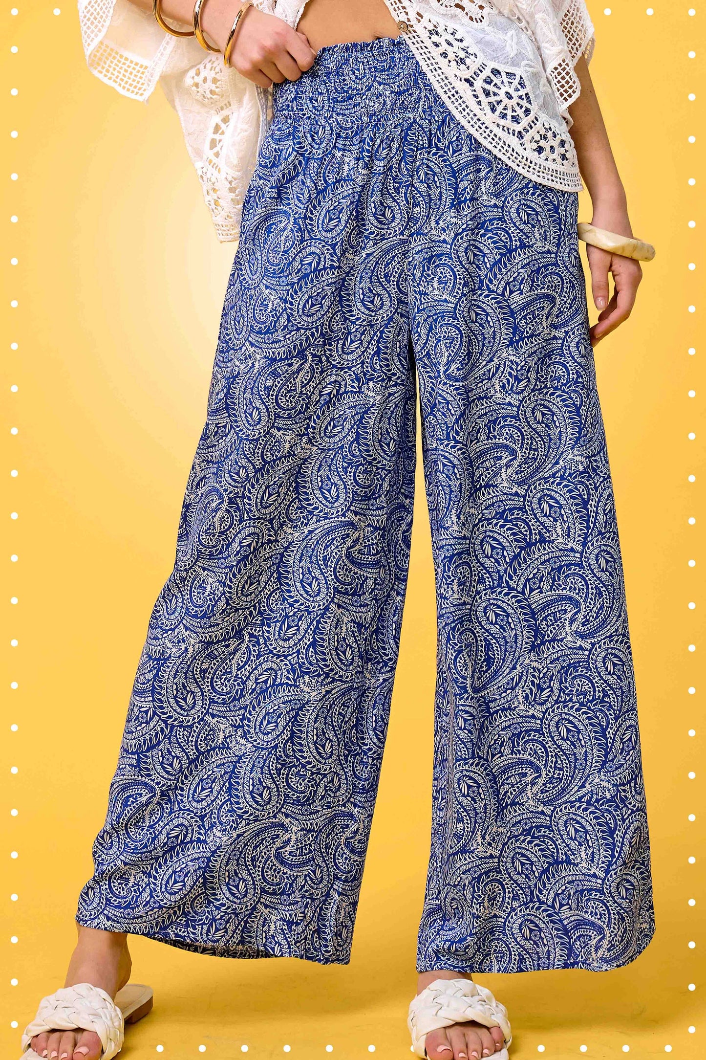 JCP4225-Boho Paisley Print Wide Leg Flowy Pants with Pockets