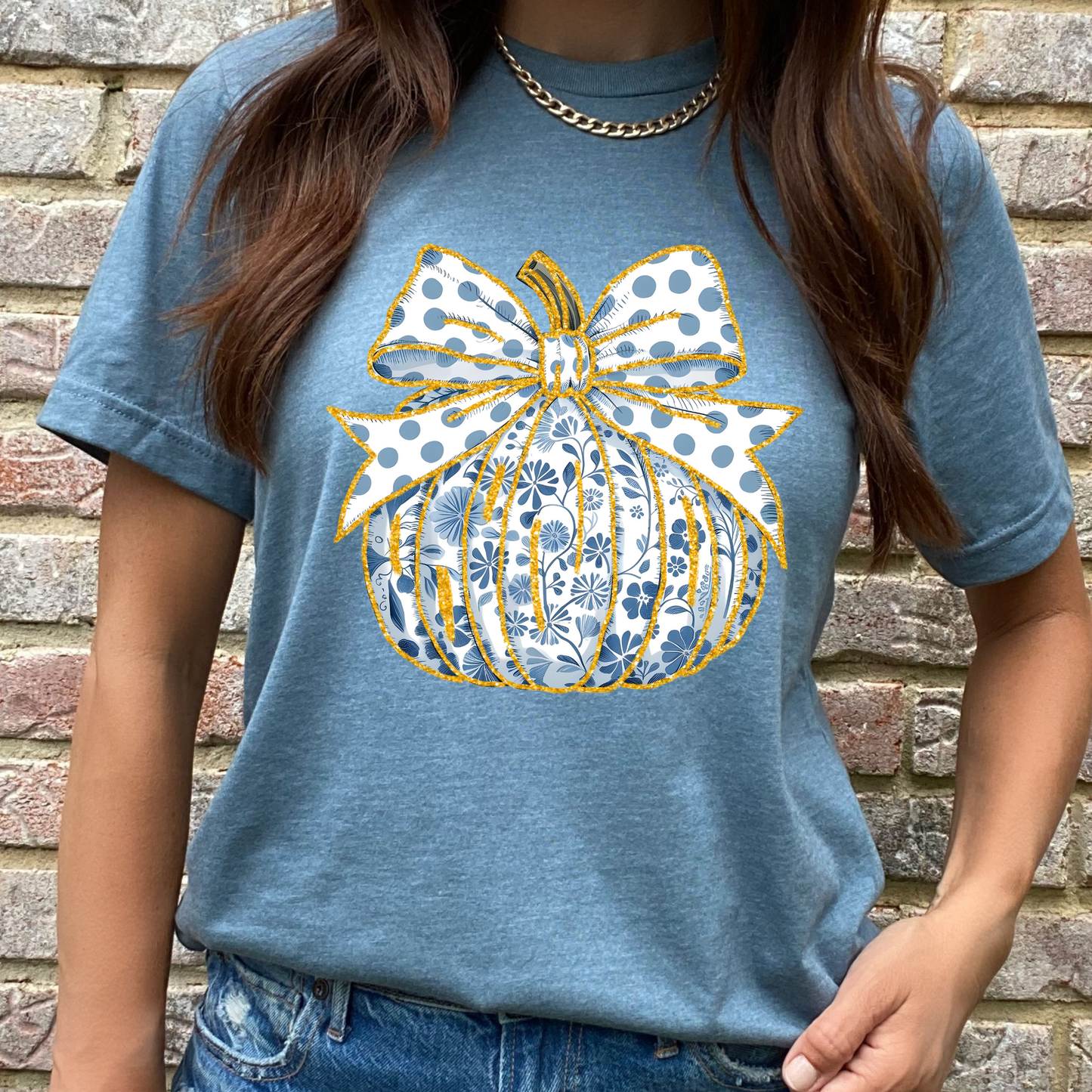 Dixie Grace Mercantile - Blue and White Floral Pumpkin Graphic Tee