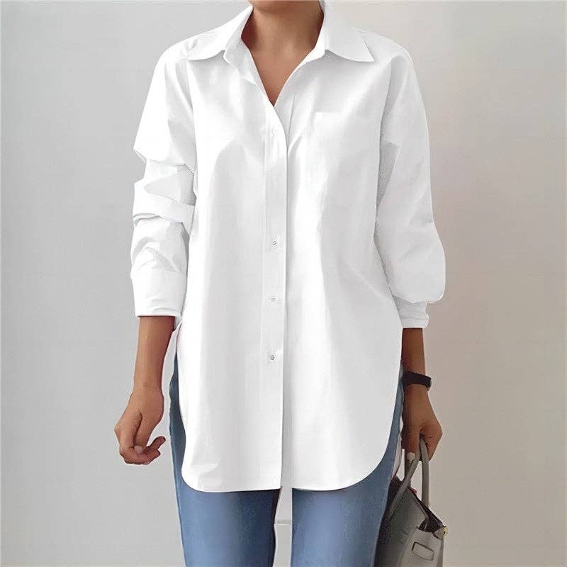 Lapel Split Hem Long Sleeve Shirt in Solid Color
