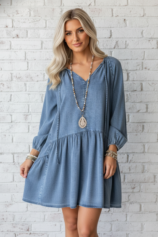 PRETTY BASH - Denim Puff Sleeve Tie V-Neck Ruffle Dress