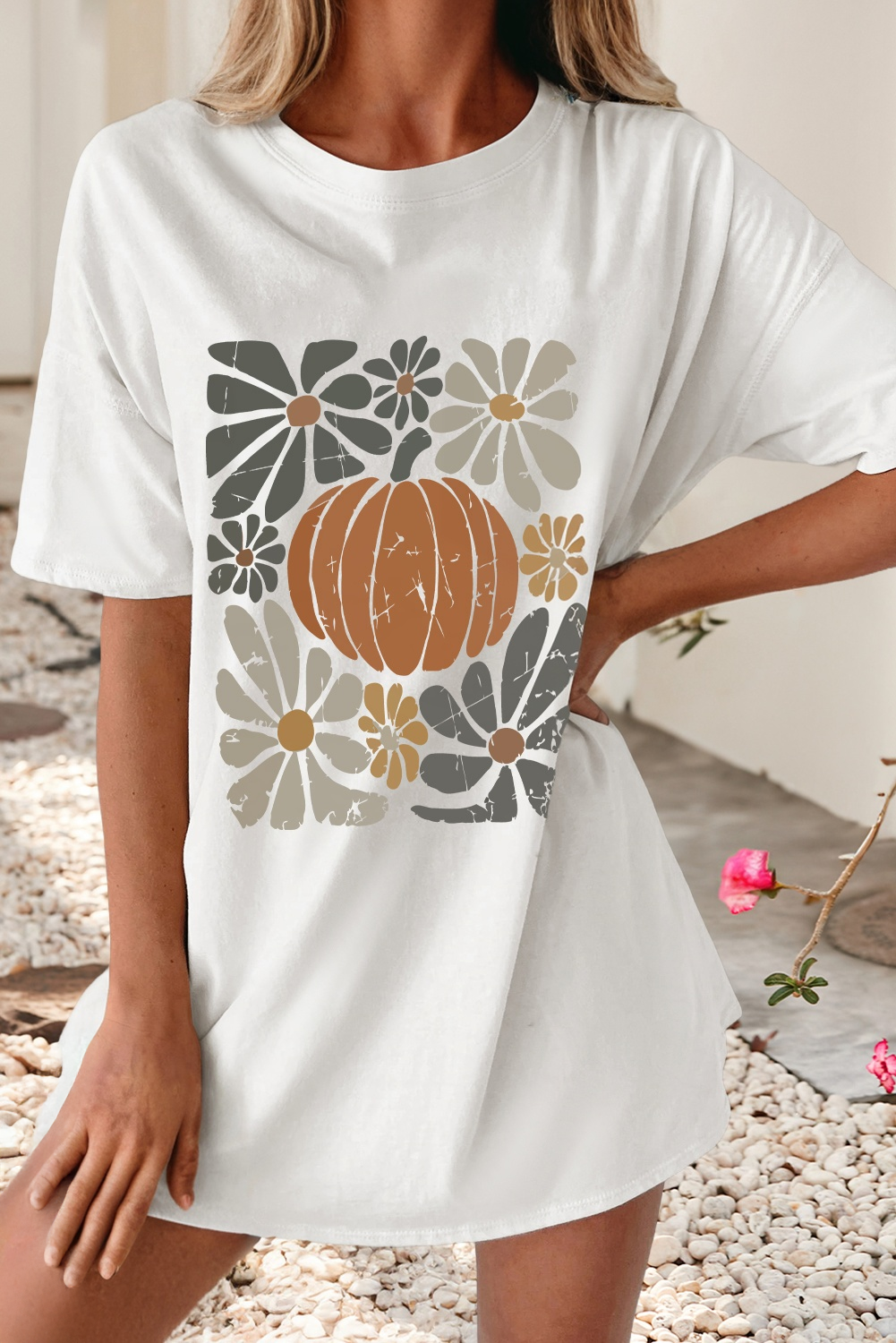 Little Daisy Closet - LDC Thanksgiving Pumpkin Print Loose Crewneck Tunic T Shirt