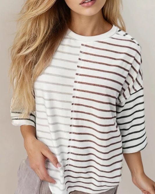 Indie & Co. | Women's Apparel - Danna Stripe Tee-Khaki | Colorblock Tee | 3/4 Sleeve Tee