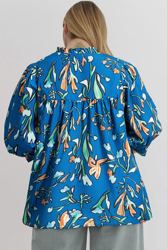Plus Size Blue Floral Notched V Neck Half Sleeve Blouse