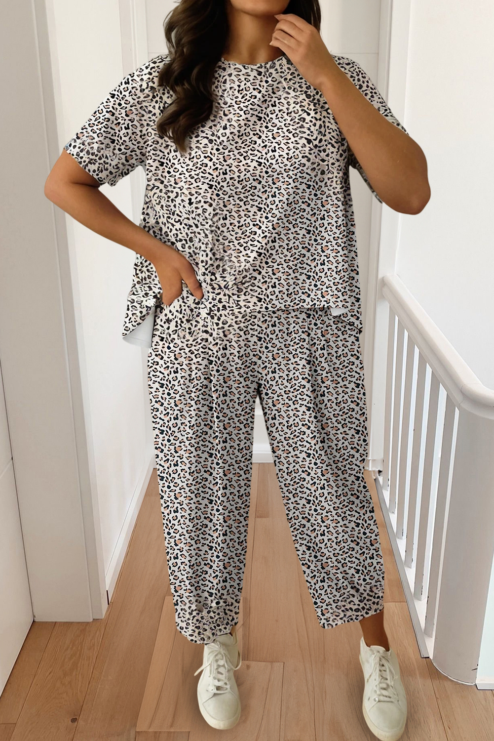 Aapparella - Leopard Top Drawstring Waist Barrel Pants Set | S-XL