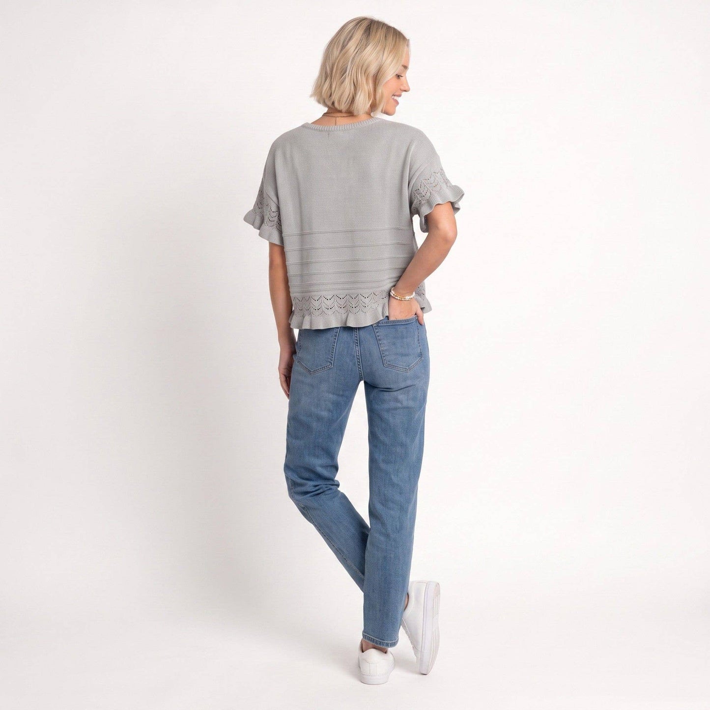 Anna Kaci Wholesale - Short Sleeve Sweater Top Lace Ruffle Hem Textured Knit Blouse