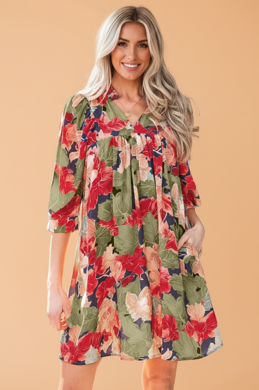 PRETTY BASH - PRETTY BASH Floral Frilled Collar V-Neck 3/4 Sleeve Dress