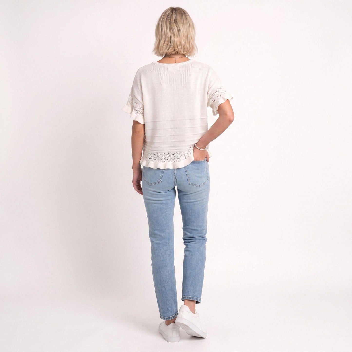 Anna Kaci Wholesale - Short Sleeve Sweater Top Lace Ruffle Hem Textured Knit Blouse