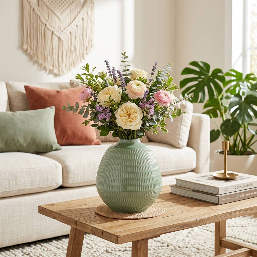 Sagebrook Home - Decorative Vase - Dark Sage Green Ceramic Oval Stripe, 7 in.