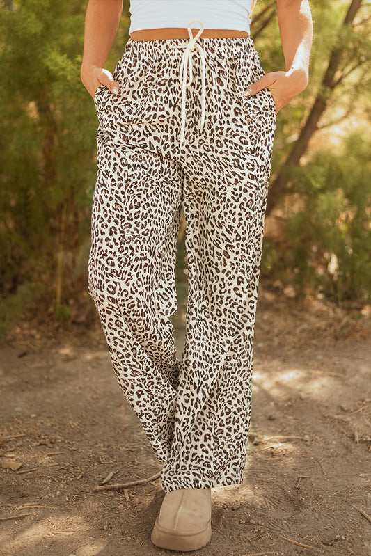 Brown Leopard Elastic Waistband w/Drawstring Pants
