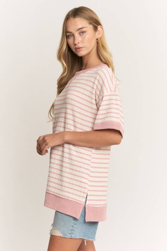 HEIMISH - ET8055-10  CREW NECK JACQUARD STRIPE KNIT TOP