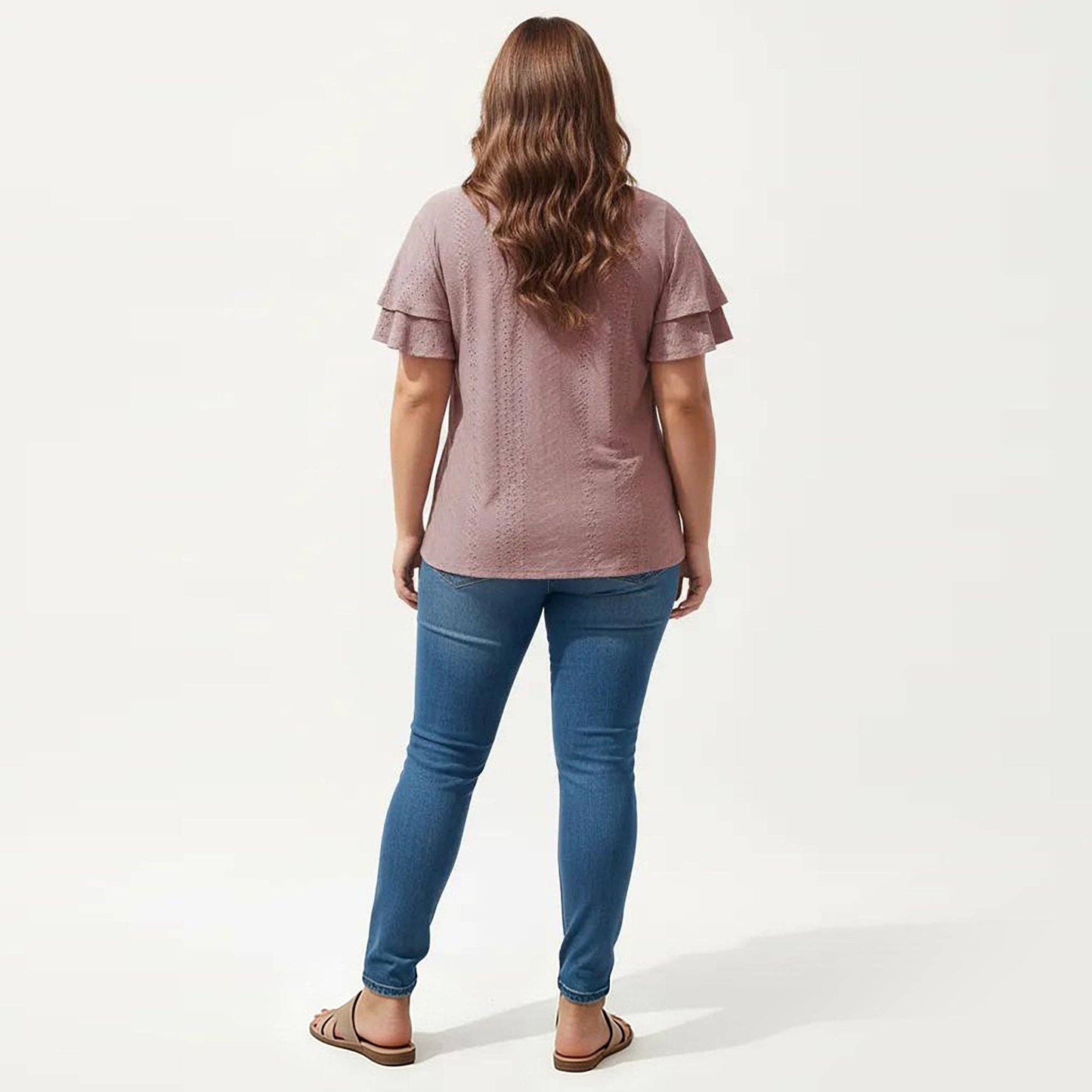Anna Kaci Wholesale - Plus Size Short Sleeve V Neck Top with Textured Knit Fabric Tiered Ruffle Sleeves Shirt