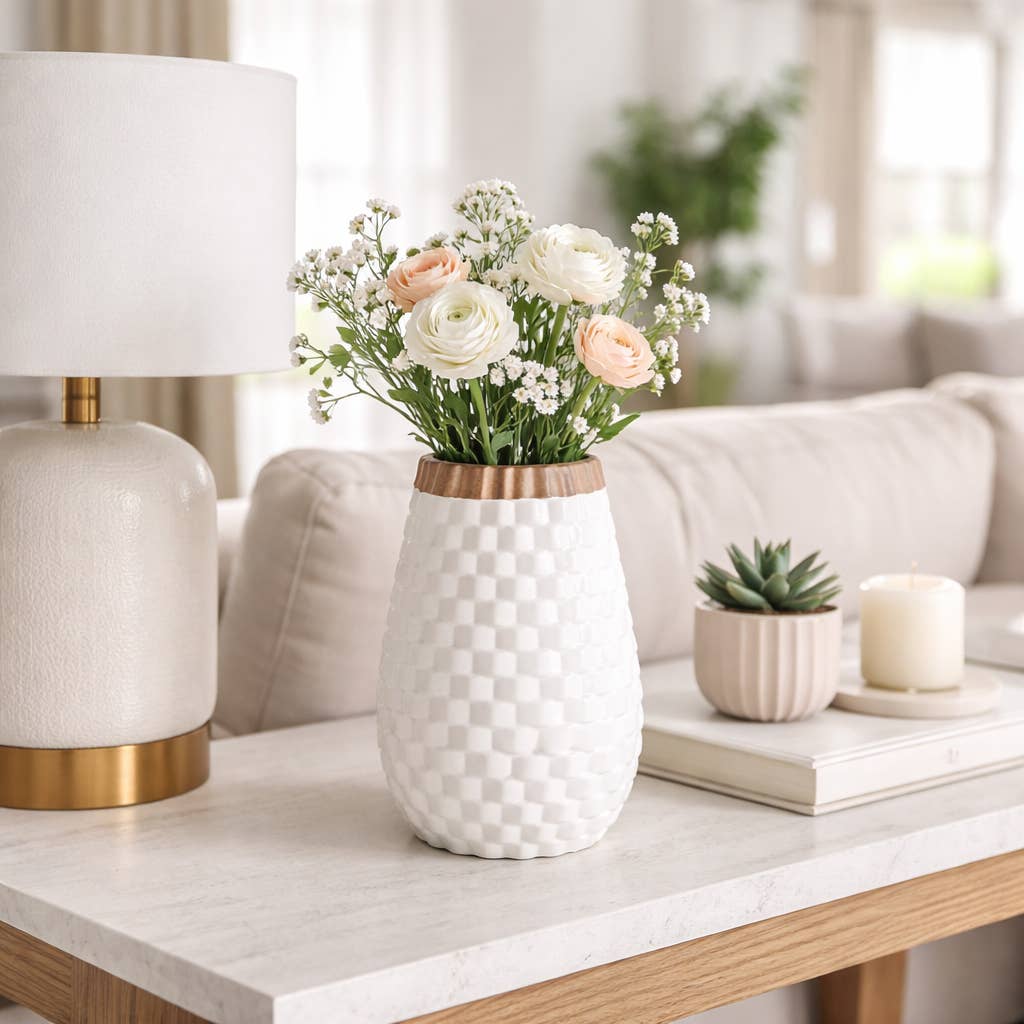 Sagebrook Home - Decorative Vase - White/Brown Ceramic Round Textured, 9 in.