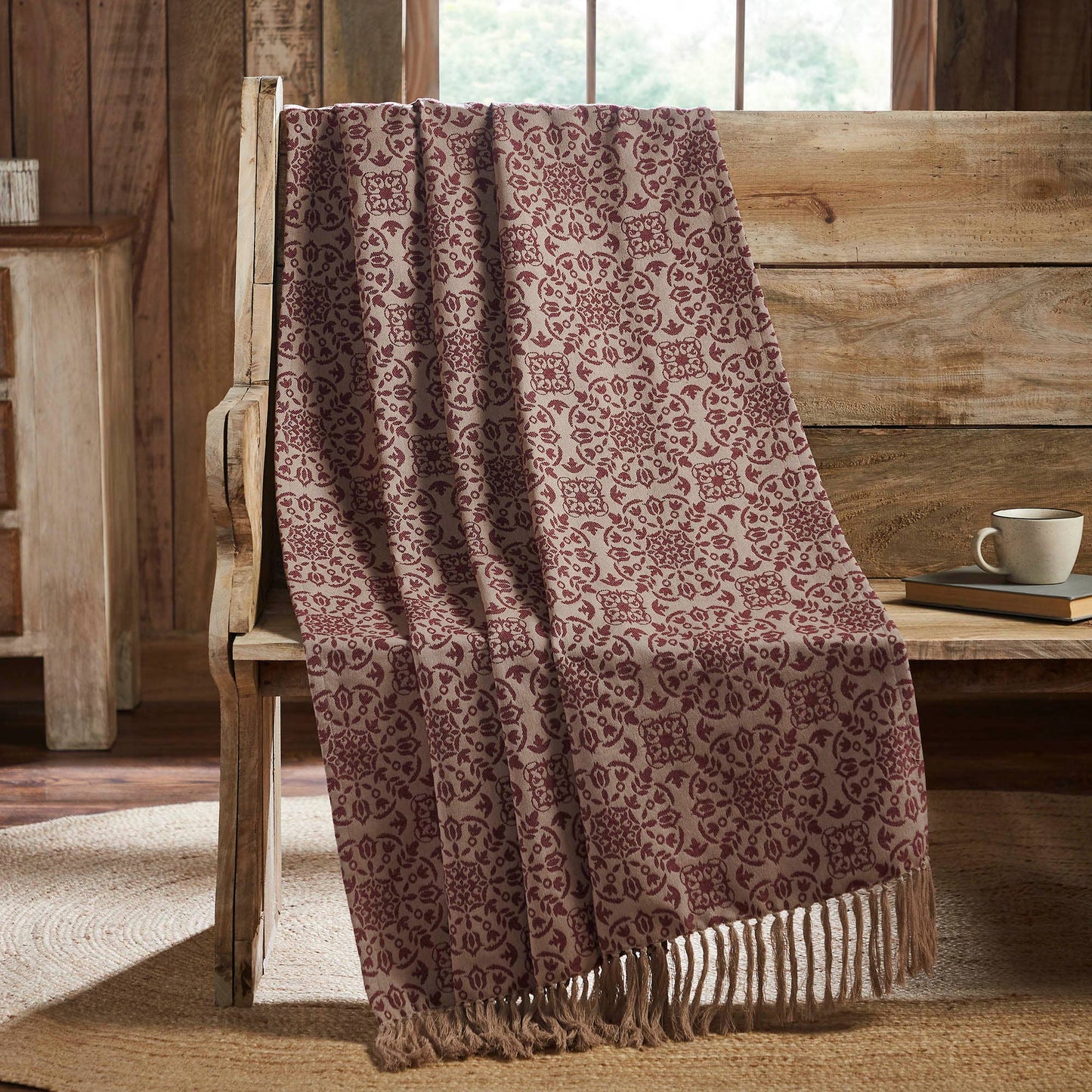 VHC Brands - Custom House Burgundy Tan Jacquard Woven Throw Blanket 50x60