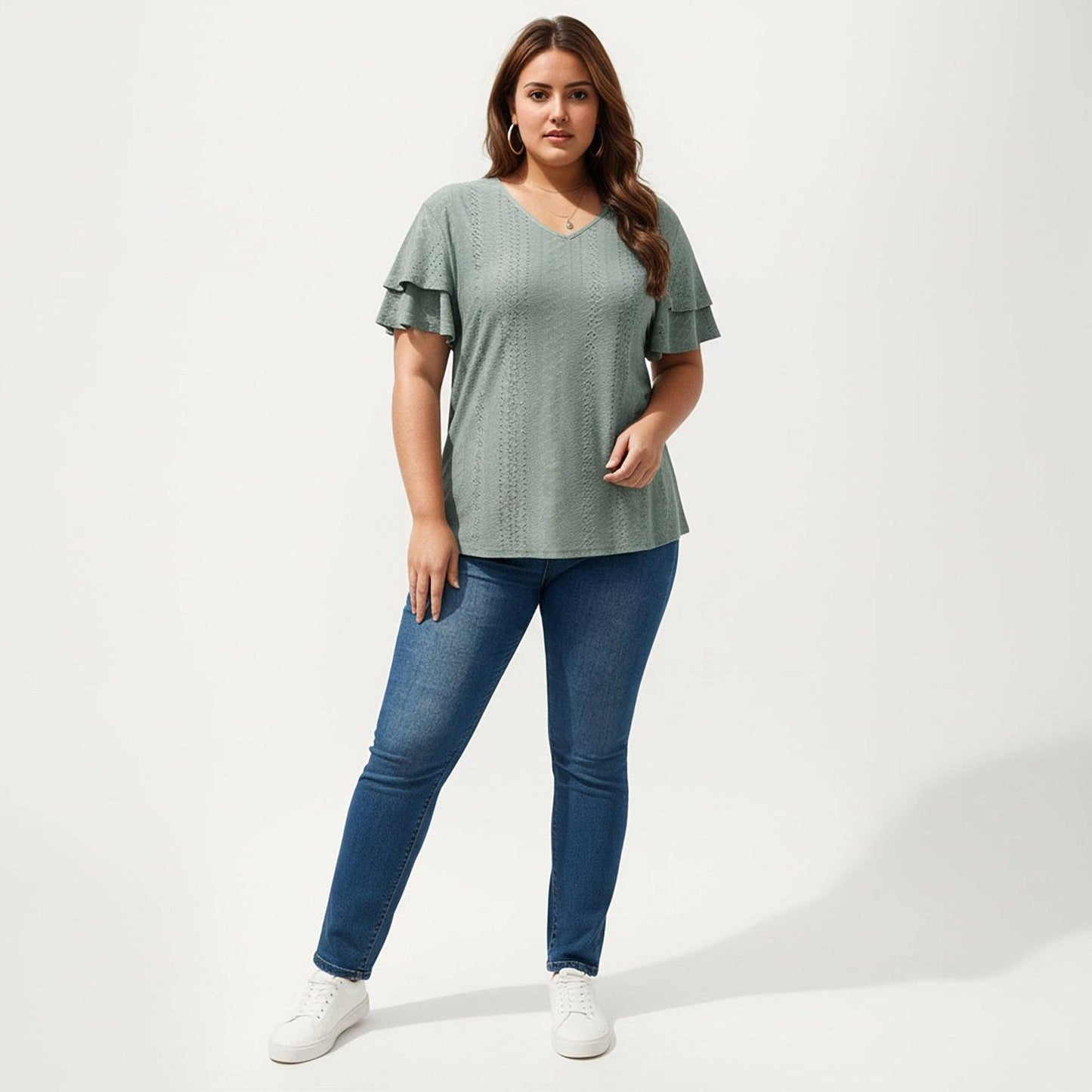 Anna Kaci Wholesale - Plus Size Short Sleeve V Neck Top with Textured Knit Fabric Tiered Ruffle Sleeves Shirt