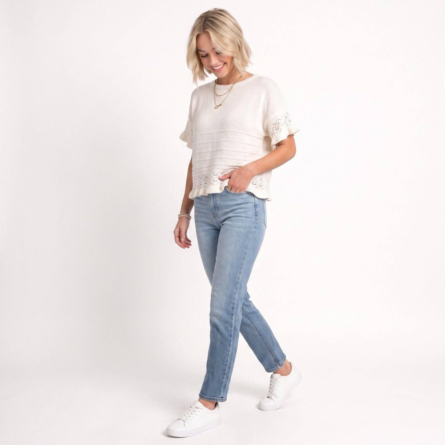 Anna Kaci Wholesale - Short Sleeve Sweater Top Lace Ruffle Hem Textured Knit Blouse