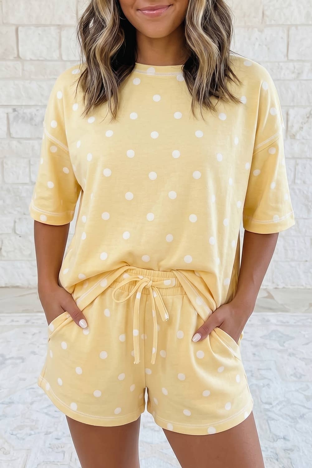 1 the Woman - Seam Detail Polka Dot Loose Tee Drawstring Shorts Set