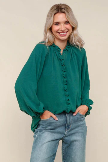 FRILLED PLACKET BUTTON DOWN SOLID BLOUSE