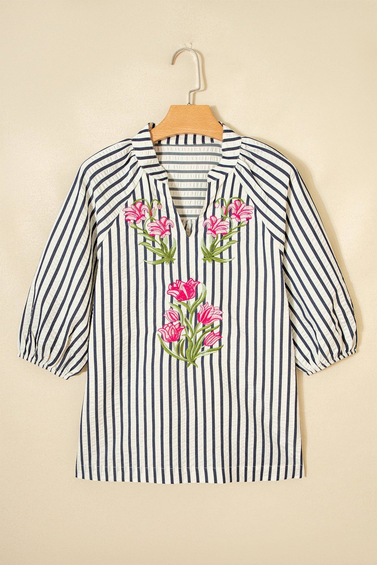 PRETTY BASH - PRETTY BASH Stripe Floral Embroidered 3/4 Sleeve Blouse