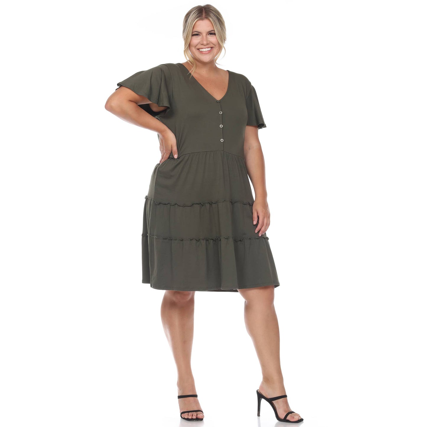 WHITE MARK - Plus Size Short Sleeve V-neck Tiered Midi Dress