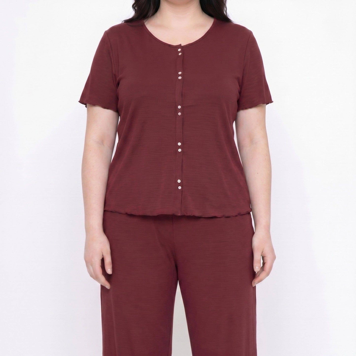 Anna Kaci Wholesale - Plus Size 2-Piece Short Sleeve Button Front Pajama Top and Wide Leg Pants Sleepwear Lounge Set