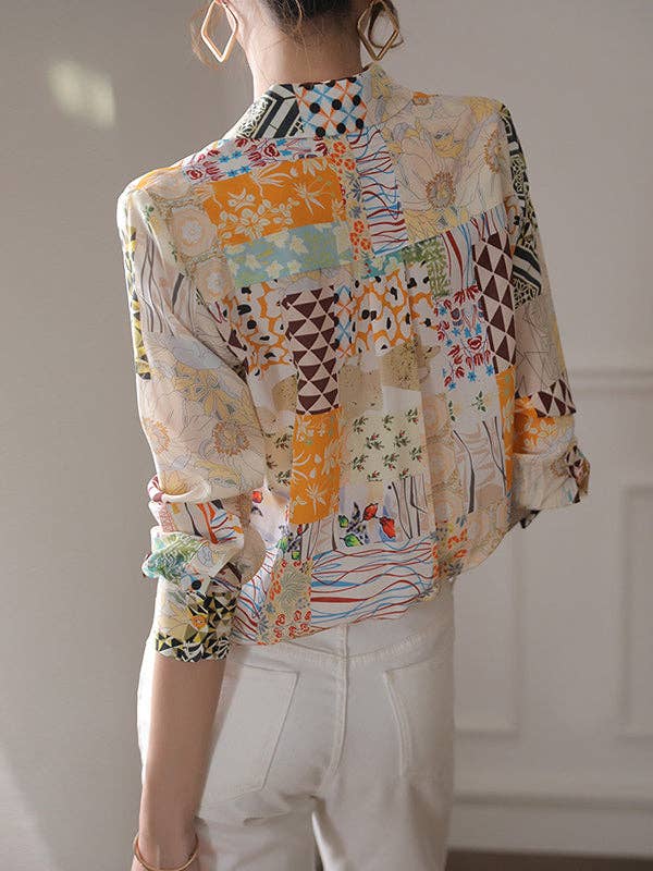 Long Sleeves Loose Buttoned Pockets Printed Lapel Blouses & Shirts Tops