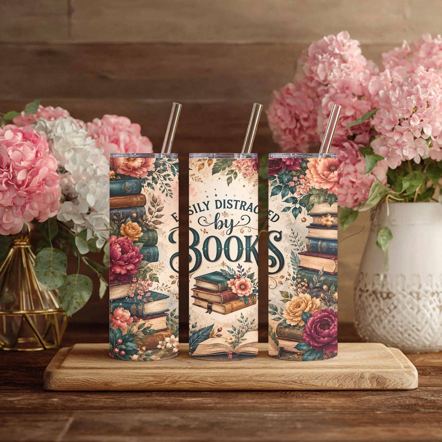 Nordic and Native - Easily Distracted by Books Tumbler | 20 oz Book Lover Gift | Floral Library Cup | Reader Gift | Bookworm Coffee Tumbler | Book Gift