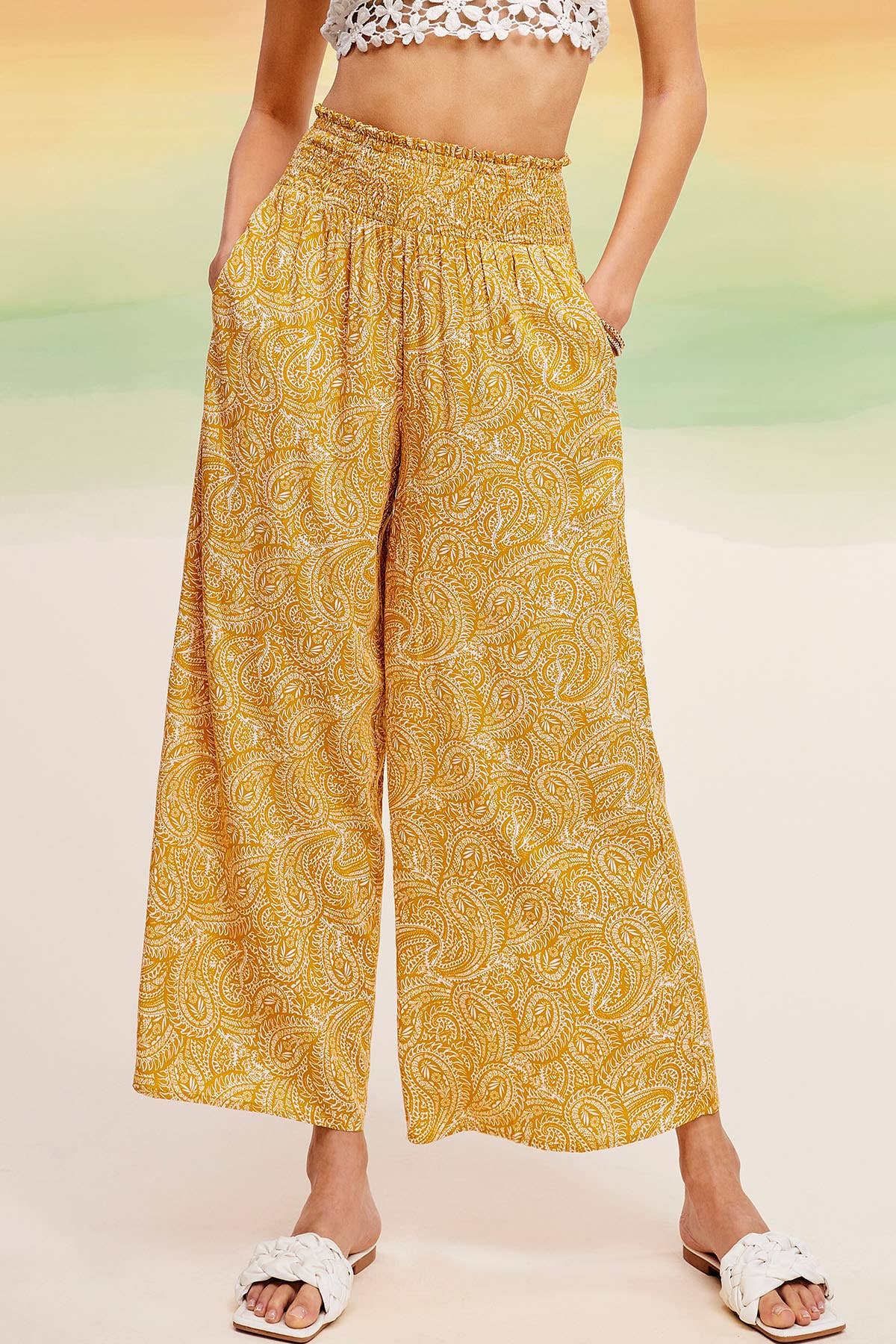 JCP4225-Boho Paisley Print Wide Leg Flowy Pants with Pockets