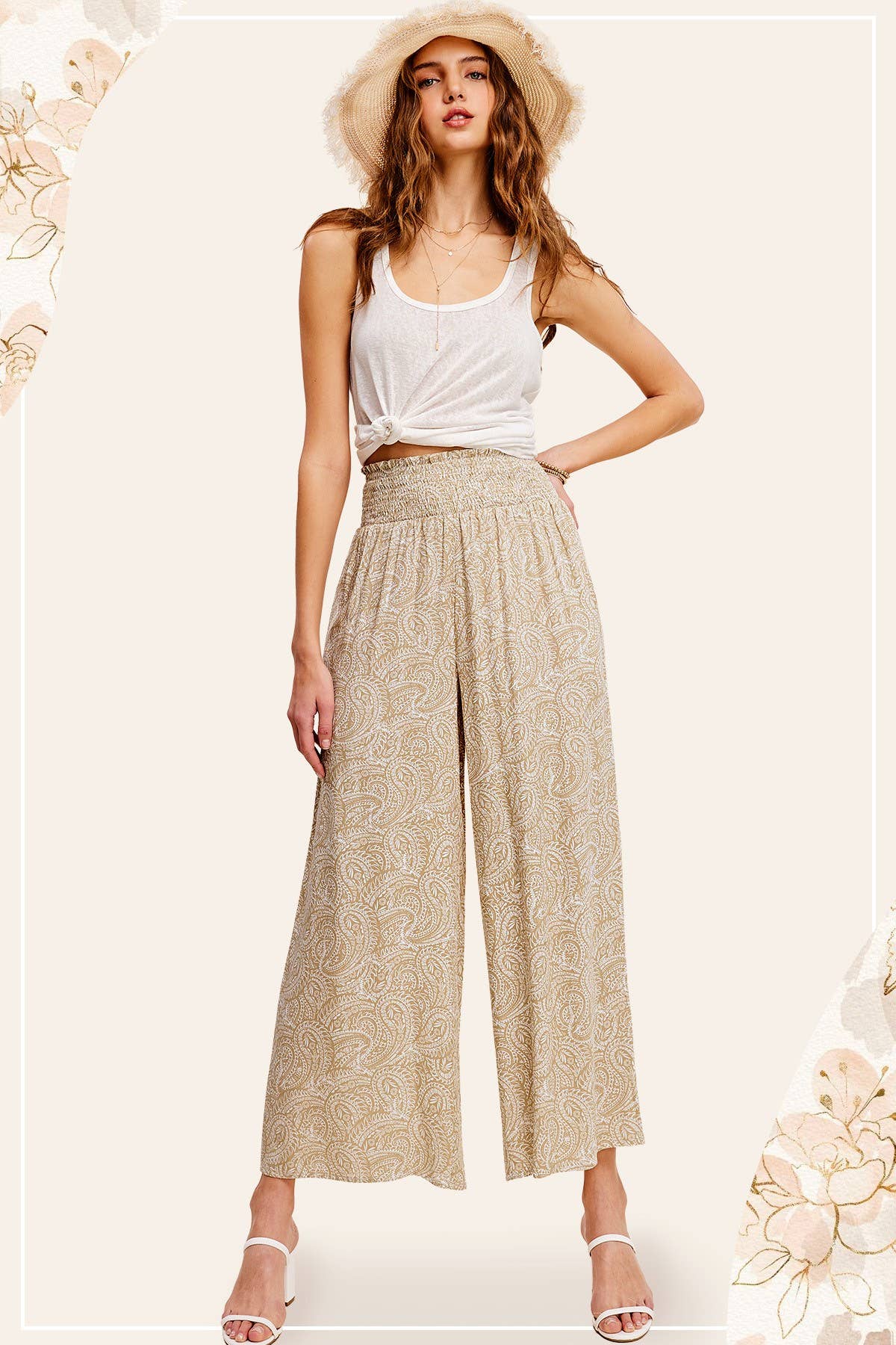 JCP4225-Boho Paisley Print Wide Leg Flowy Pants with Pockets