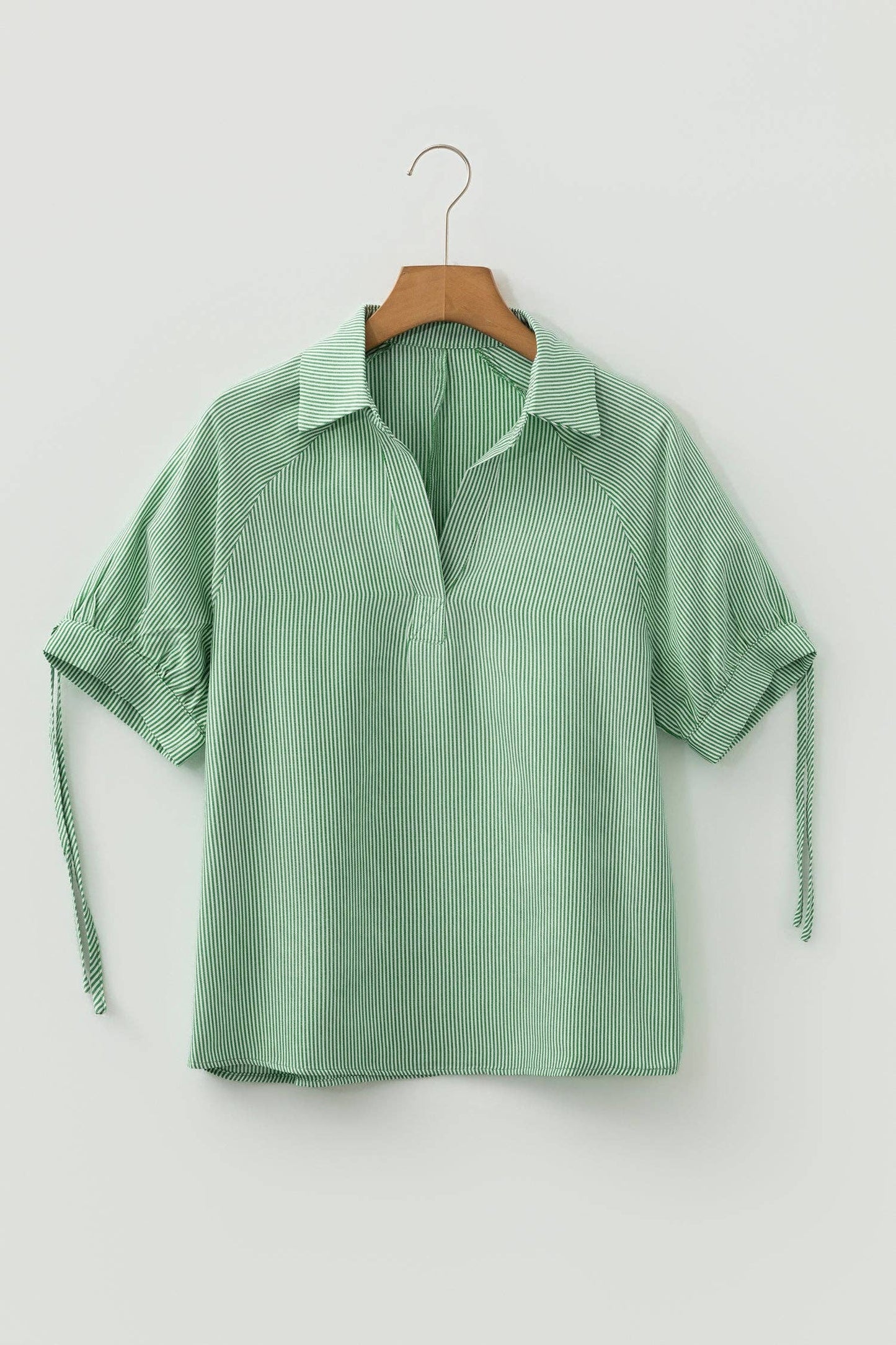 PRETTY BASH - PRETTY BASH Stripe Tied Short Sleeve Collared Blouse
