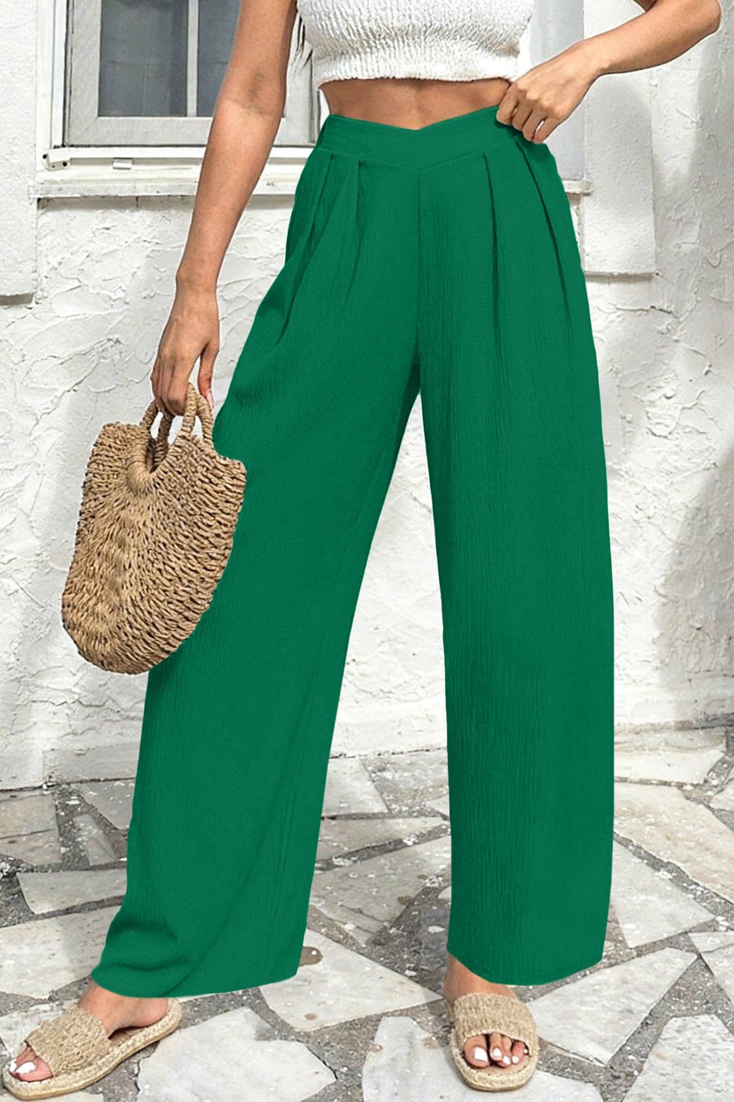 Lovesoft - Solid Color Textured Crossed Waist Loose Pants