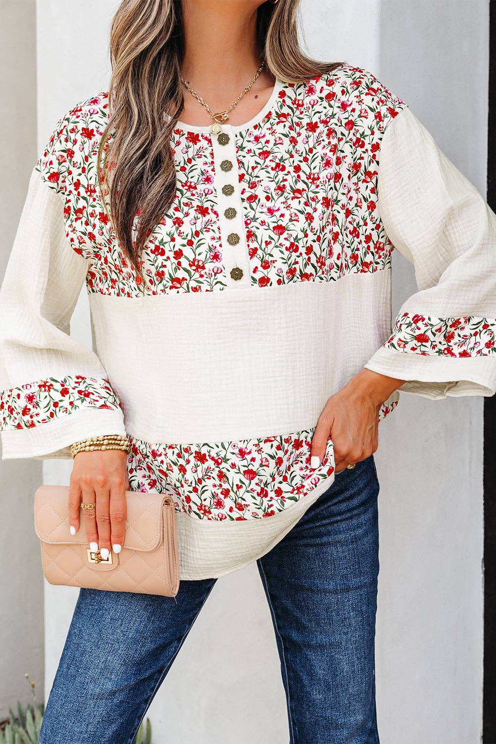 PRETTY BASH - Floral Gauze Patchwork 3/4 Sleeve Blouse