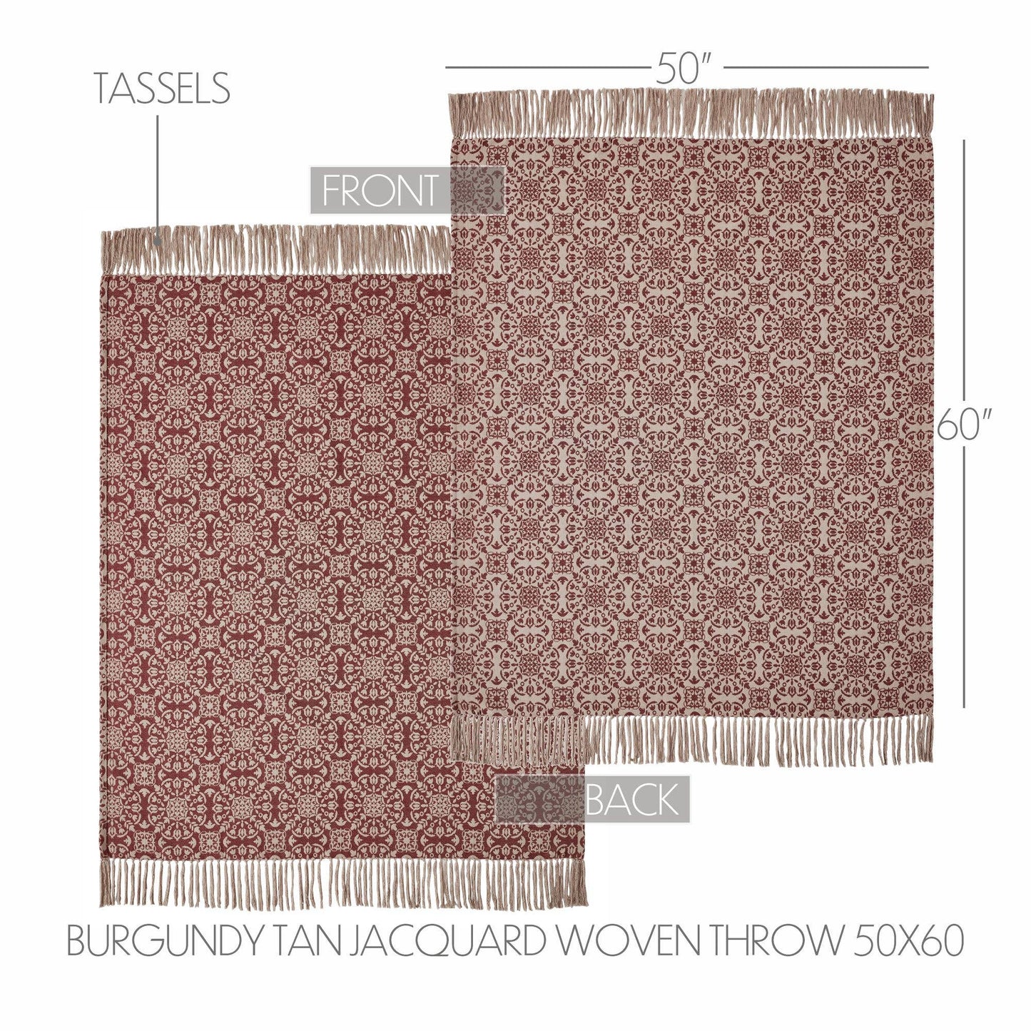 VHC Brands - Custom House Burgundy Tan Jacquard Woven Throw Blanket 50x60