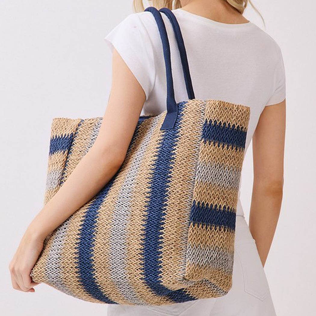 3AM BY H&D ACCESSORIES - Natural Brown Multi Color Stripe Straw Tote Bag