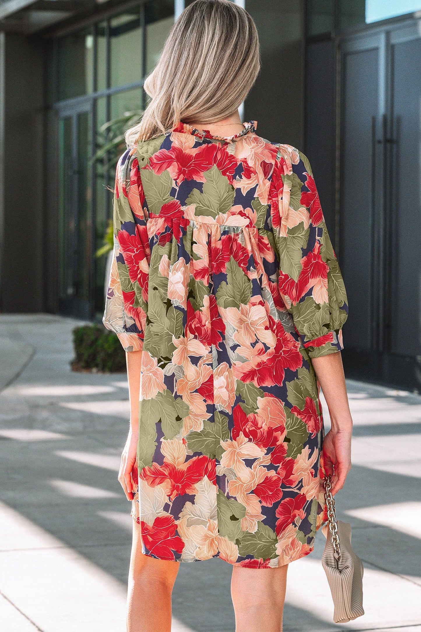 PRETTY BASH - PRETTY BASH Floral Frilled Collar V-Neck 3/4 Sleeve Dress
