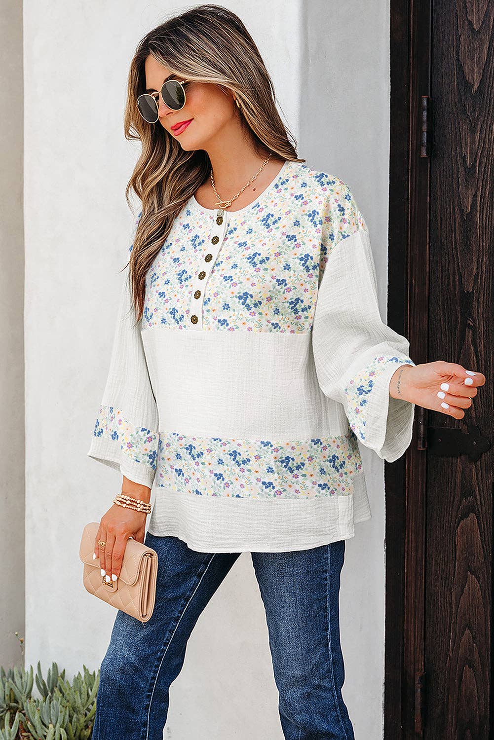PRETTY BASH - Floral Gauze Patchwork 3/4 Sleeve Blouse