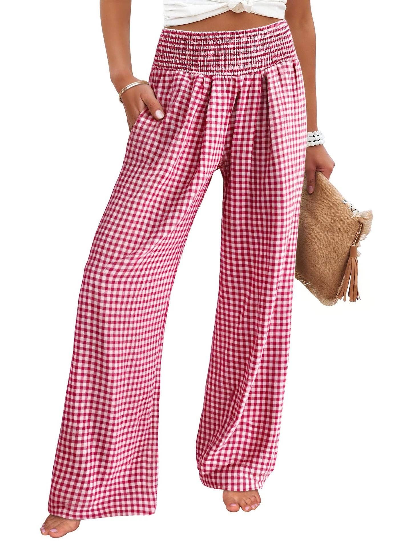 Suhkasana - Gingham High Waist Wide Leg Pants with Pockets