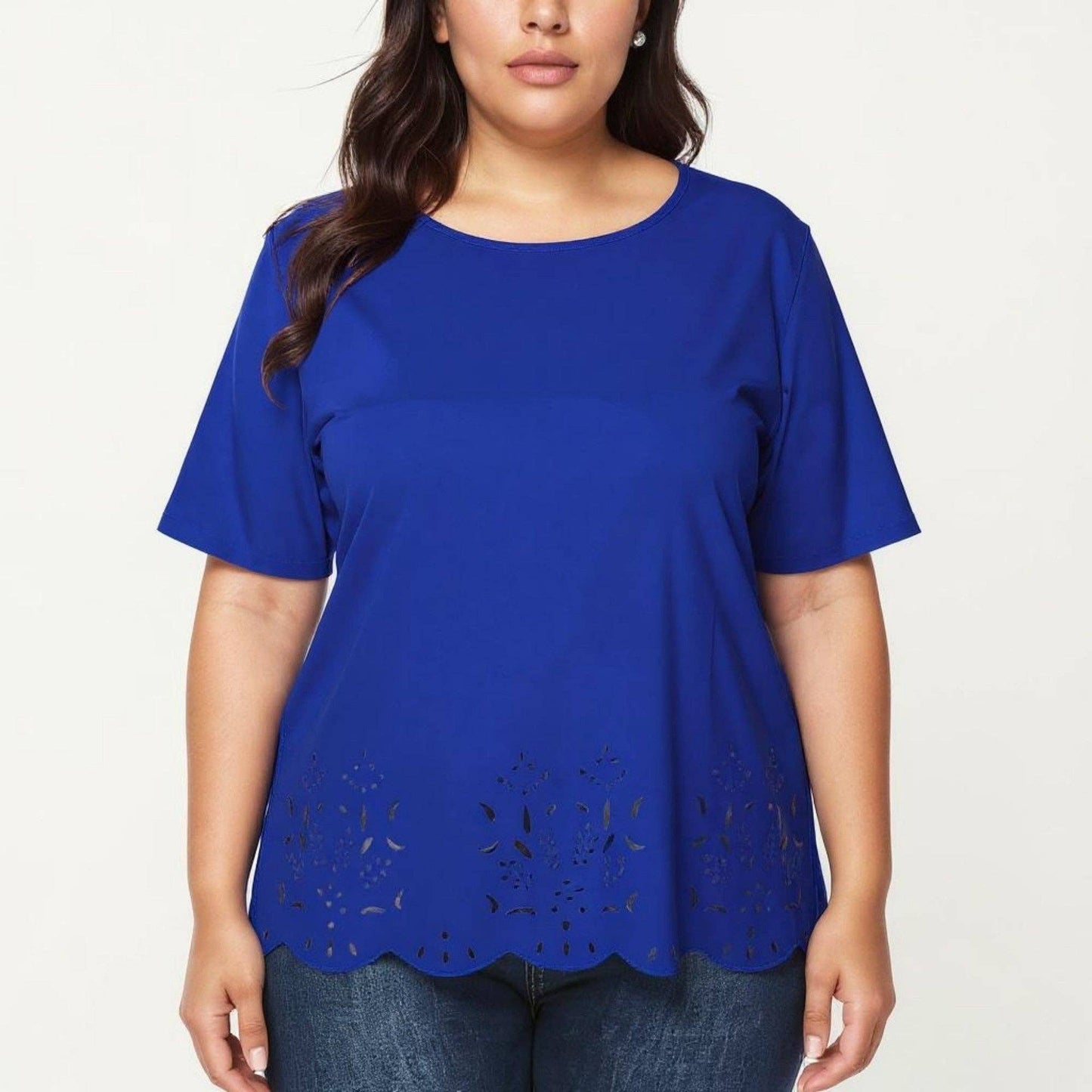 Anna Kaci Wholesale - Plus Size Short Sleeve Top with Scalloped Eyelet Hem Round Neck Loose Fit Casual Blouse